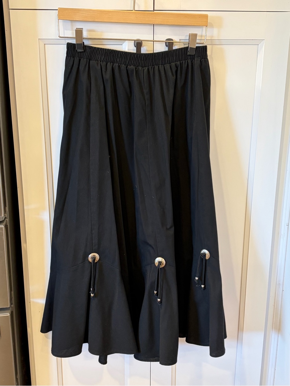 Women's Black Midi Skirt with Drawstring Accents